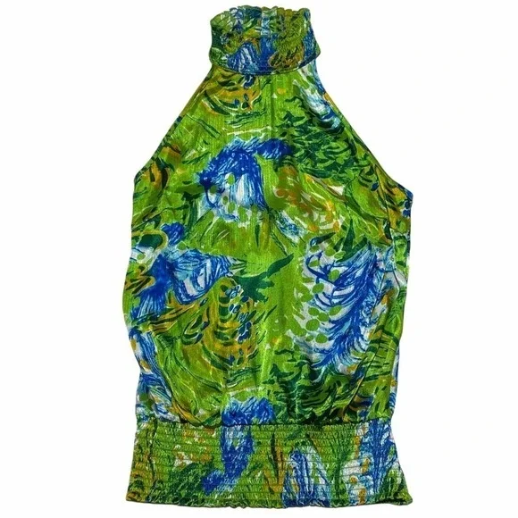 COTTON Express Green Blue Floral Print Open Back Halter Sleeveless Blouse - Picture 6 of 11